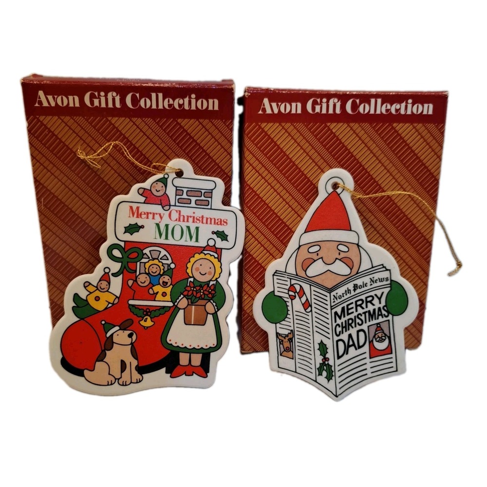 Avon Gift Collection Holiday Greetings Mom & Dad  Christmas Ornaments Set of 2